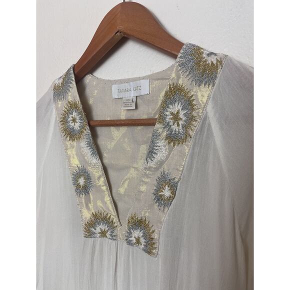 Tamara Catz Embroidered Tunic Top Women’s Sz XS White/Ivory Gold Shimmer - Picture 3 of 7